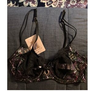 NEW Savage X Fenty Metallic Plaid Lace Underwire Bra Black Purple Green 32D